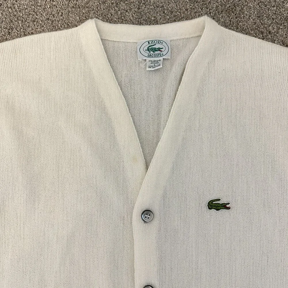 Vtg Izod lacoste Cardigan Sweater L White Orlon Acrylic USA Made Cracodile